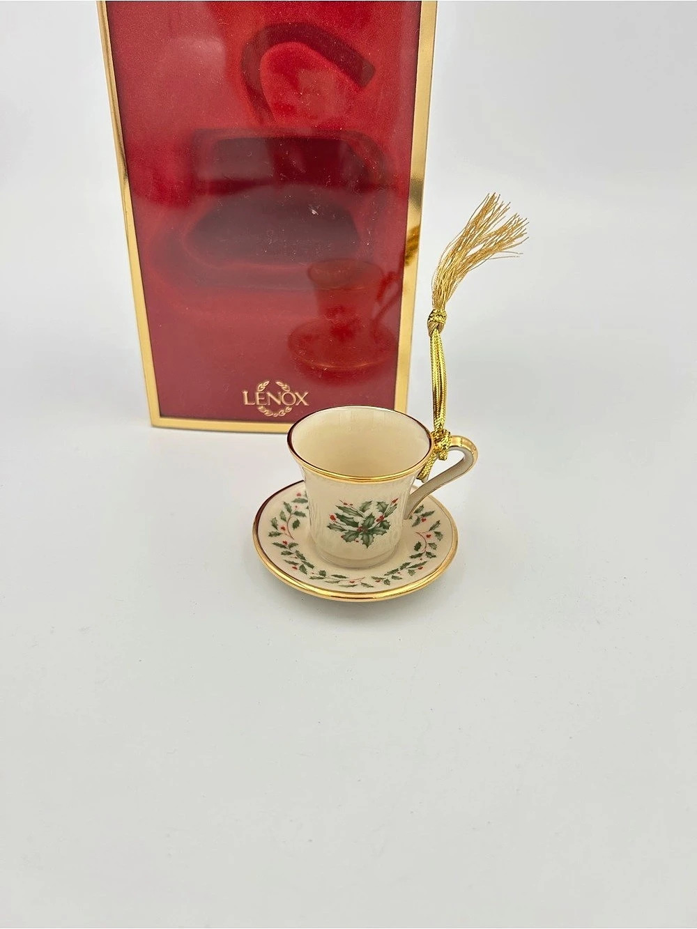 Lenox Holiday Teacup and Saucer Ornament in Red & Gold